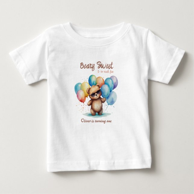 Camiseta De Bebé Beary Sweet Teddy oso llevando gafas y globo (Anverso)