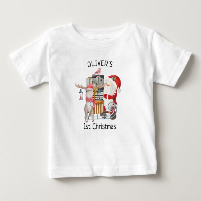 Camiseta De Bebé Bebé 1 Navidades Santa y reno con Sleigh (Anverso)