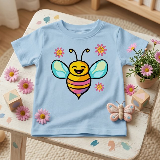 Camiseta De Bebé Bebé Abeja Kawaii Sonriente Feliz con Flores Linda (Happy Smiling Kawaii Baby Bee with Cute Flowers. Baby Basic Blue T-Shirt)
