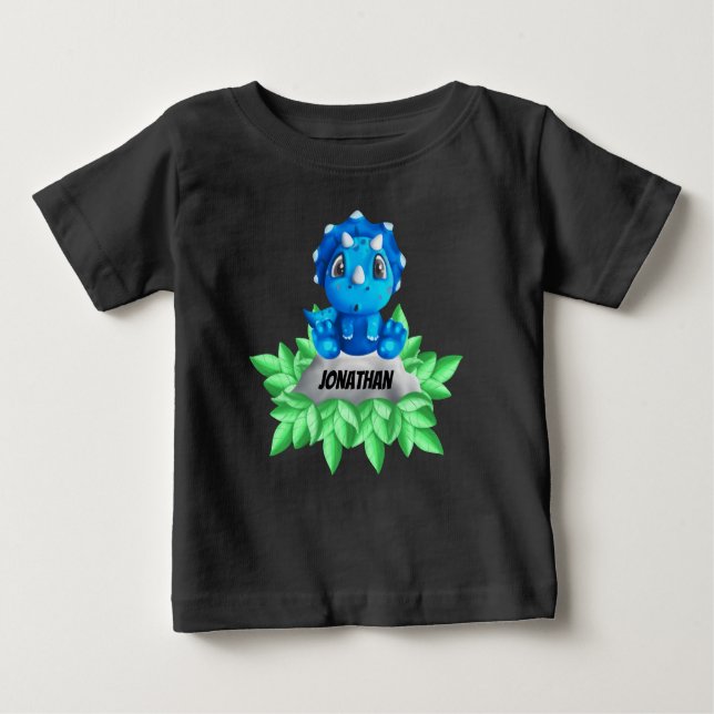 Camiseta De Bebé Bebé Blue Triceratops Dinosaur Black Baby T-Shirt (Anverso)