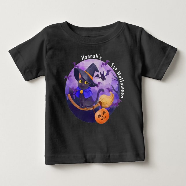 Camiseta De Bebé Bebé de Halloween Gato Dulce Bruja Nombre Personal (Anverso)