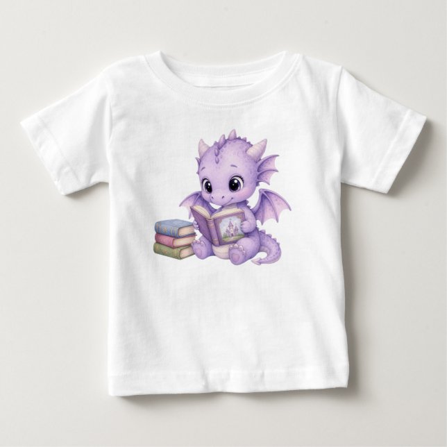 Camiseta De Bebé Bebé dragón de cuento leyendo libro Arte de fantas (Anverso)