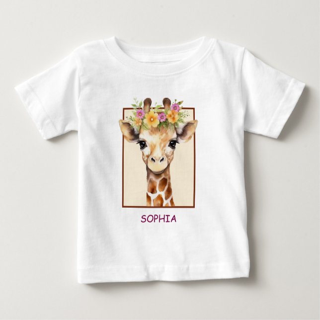 Camiseta De Bebé Bebé Jirafa Sweet Safari en Rosa y Amarillo (Anverso)