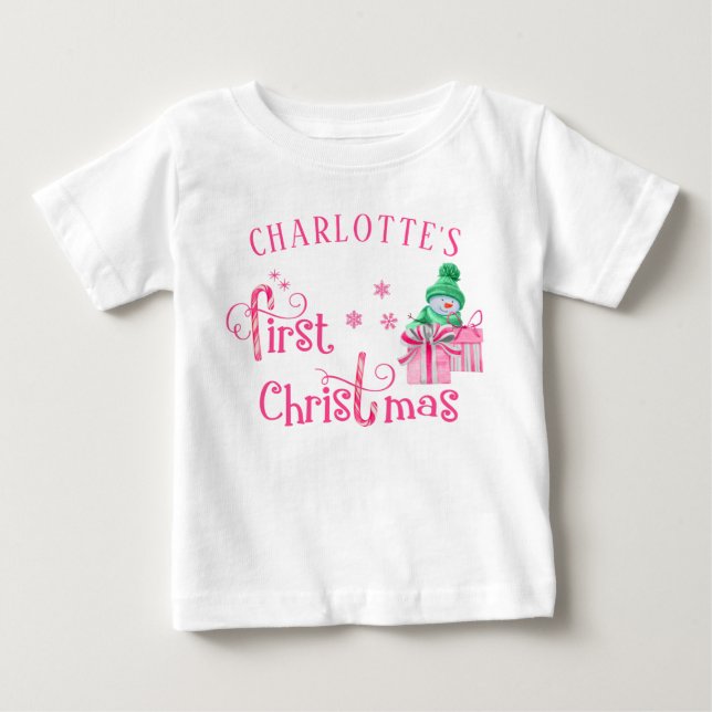 Camiseta De Bebé Bebé primer muñeco de nieve rosa de Navidad y copo (Anverso)