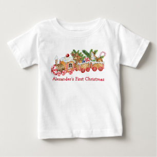 Camiseta De Bebé Bebé primer tren de pan de jengibre navideño Red