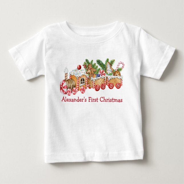 Camiseta De Bebé Bebé primer tren de pan de jengibre navideño Red C (Anverso)