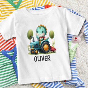 Camiseta De Bebé Bebé Trex Dinosaurio Adorable en un Tractor Azul