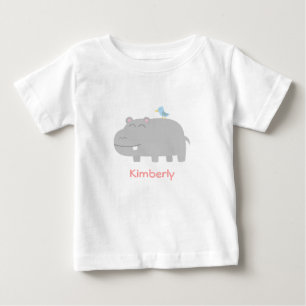 Camiseta De Bebé Bebé y Niños: Hipopótamo Lindo con Pájaro Azul Dib