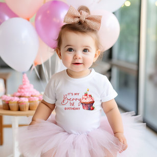 Camiseta De Bebé Berry 1er cumpleaños Pastel de fresa roja rosada