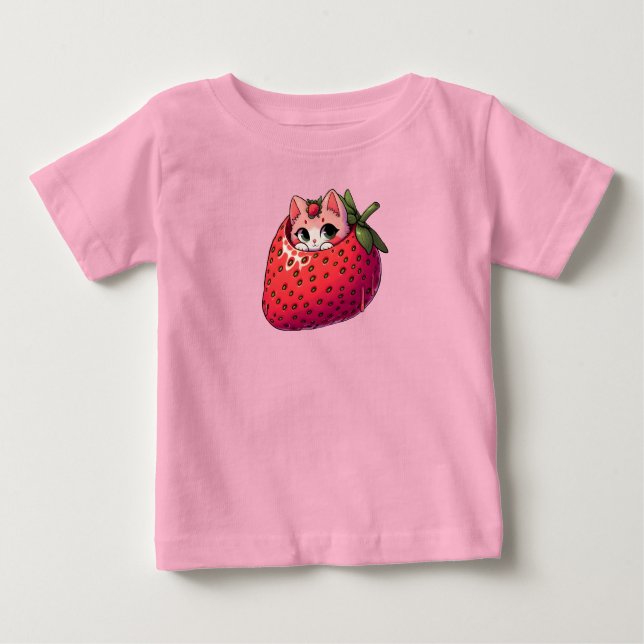 Camiseta De Bebé Berry Purrfection: Gato rosa dentro de una fresa (Anverso)