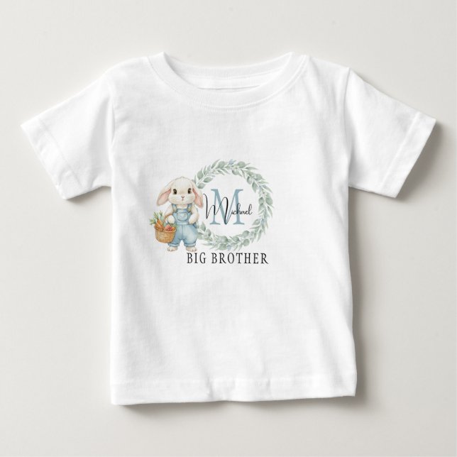 Camiseta De Bebé Big Brother Bunny Shirt Personalized Blue Floral (Anverso)