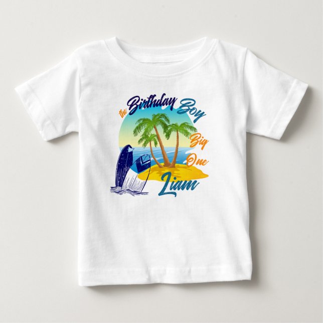 Camiseta De Bebé Big One Birthday Boy Beach Tema de nombre personal (Anverso)