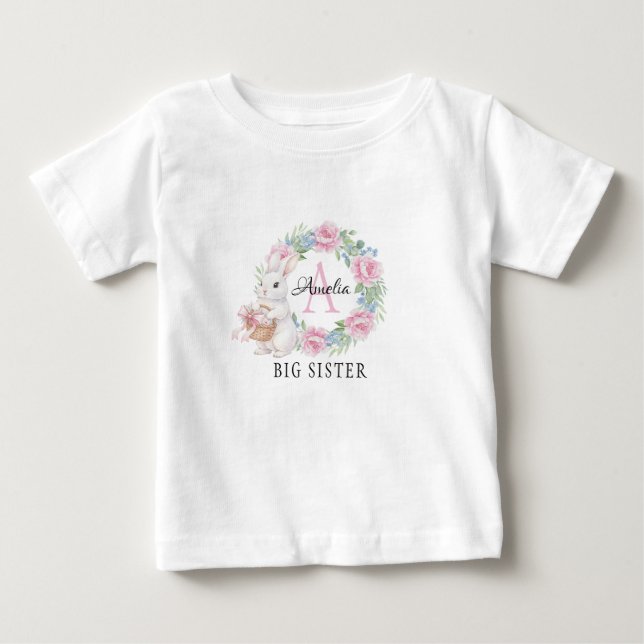 Camiseta De Bebé Big Sister Bunny Shirt Personalized Pink Floral  (Anverso)