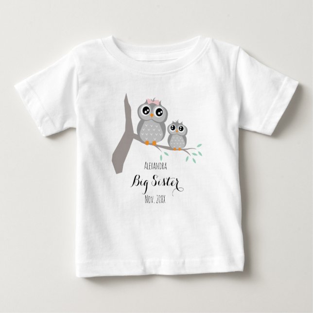 Camiseta De Bebé Big sister cute owls name and date (Anverso)