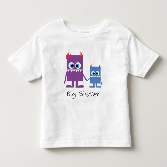 Camiseta De Bebé “big sister” lila monstruos hermanos azules (Anverso)
