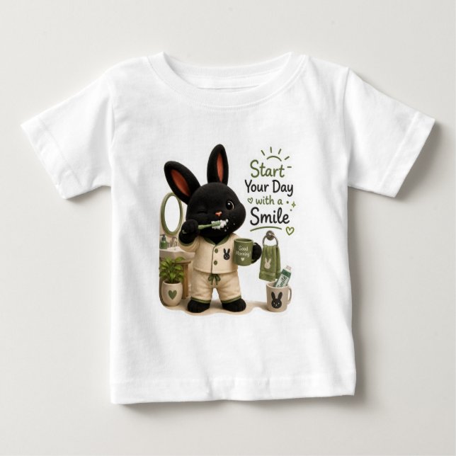 Camiseta De Bebé Billy Cepillándose los Dientes Conejito Rex Negro  (Anverso)