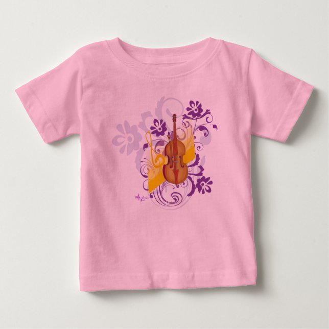 Camiseta De Bebé Bizcocho floral de violín pequeño rosado Ruffle Te (Anverso)