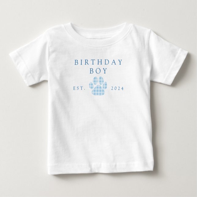 Camiseta De Bebé Blue Birthday Boy Gingham Paw Print Birday (Anverso)