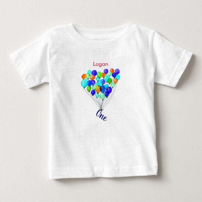 Camiseta De Bebé Blue Green Boy BALLOON Personalizado Un Cumpleaños (Anverso)