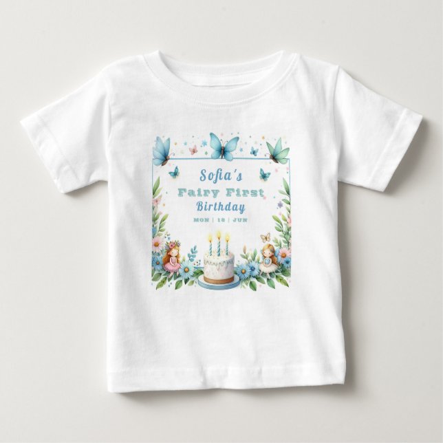 Camiseta De Bebé Blue Pastel Butterfly Fairy First Birday - (Anverso)