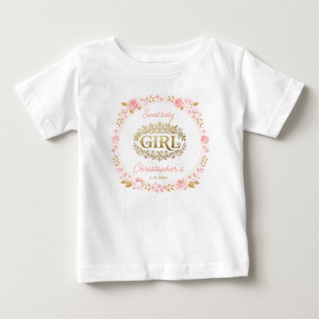 Camiseta De Bebé Blush Pink & Gold Floral Girl Baby Shower (Anverso)