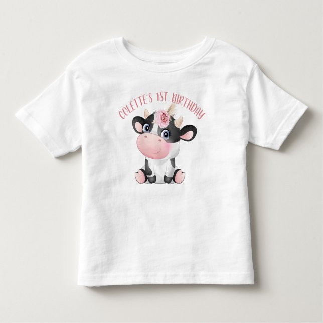 Camiseta De Bebé Boho Floral Cute Cow Primer cumpleaños Bebé Camise (Anverso)