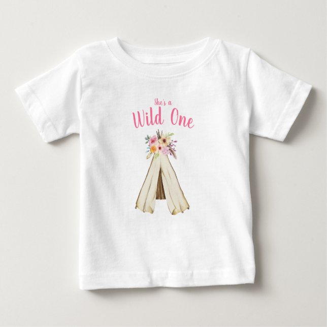 Camiseta De Bebé Boho Floral Tribal Teepee Wild Un primer cumpleaño (Anverso)