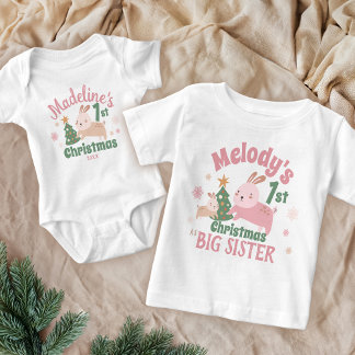 Camiseta De Bebé Boho Primera Navidad con conejo, árbol, nombre