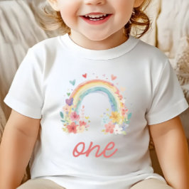 Camiseta De Bebé Boho Rainbow Floral Pastel "One" Primer cumpleaños
