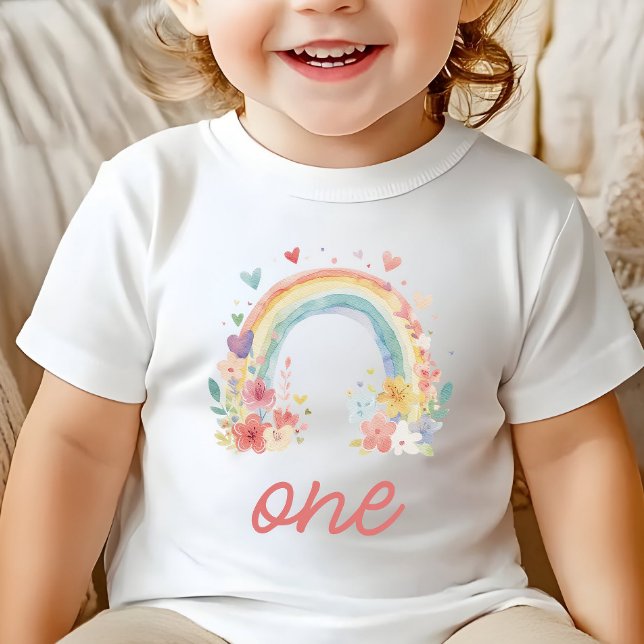 Camiseta De Bebé Boho Rainbow Floral Pastel "One" Primer cumpleaños (boho one shirt, pastel first birthday, floral rainbow outfit, baby girl birthday, cake smash outfit)