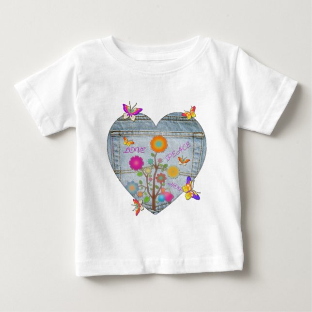 Camiseta De Bebé Bolsillo de mezclilla Corazón Flores Mariposas (Anverso)