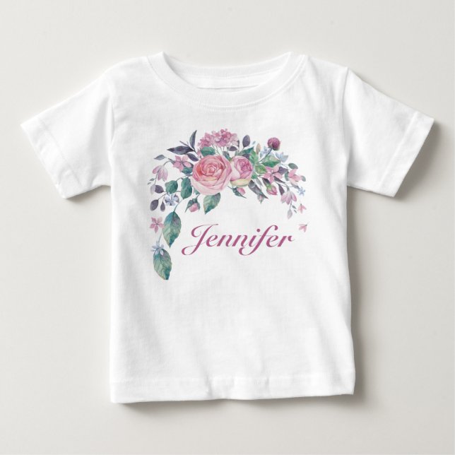 Camiseta De Bebé Bonito Floral Nombre Personalizado Bebé (Anverso)