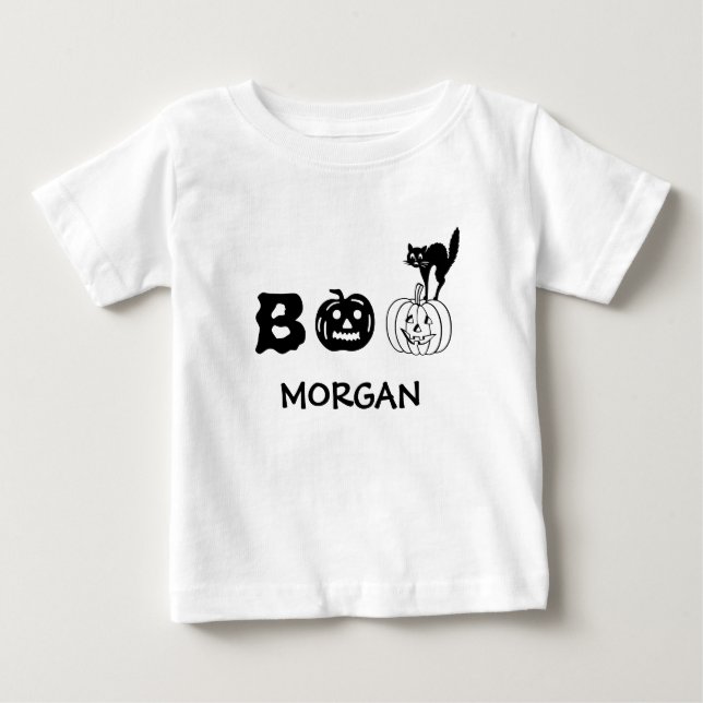 Camiseta De Bebé Boo gato negro calabaza cara nombre personalizado  (Anverso)