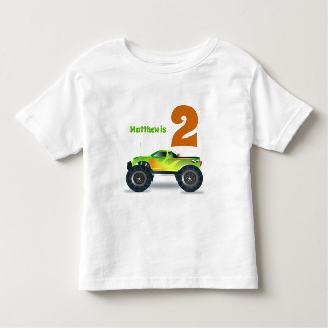 Camiseta De Bebé Boys 2º cumpleaños MONSTRUO CAMIÓN Añadir nombre (Anverso)