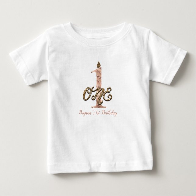 Camiseta De Bebé Bronze Polka Dots Rosa Oro UNO Primer Cumpleaños (Anverso)