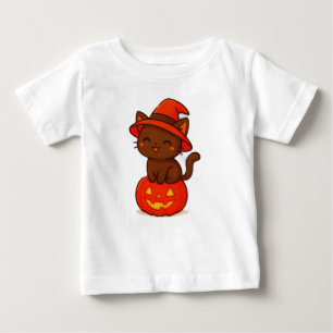 Camiseta De Bebé Bruja de gato negro suave en Halloween de calabaza