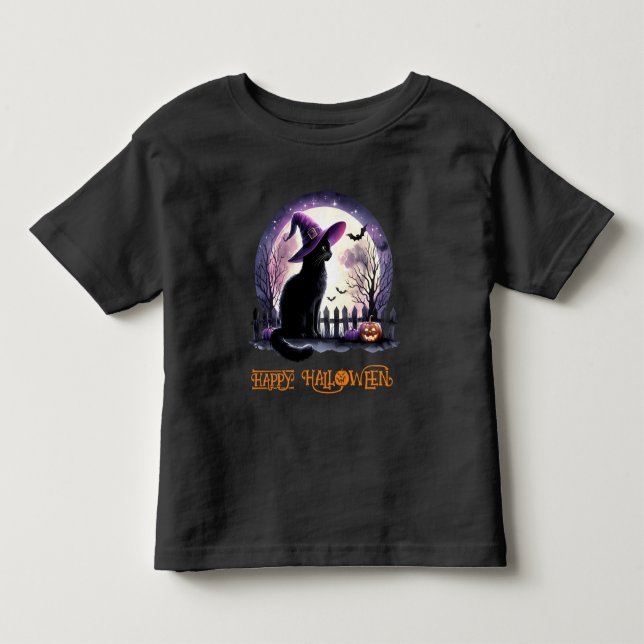 Camiseta De Bebé Bruja negra de gato y murciélagos de Halloween (Anverso)