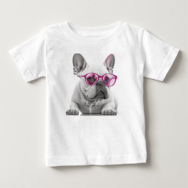 Camiseta De Bebé Bulldog francés con gafas rosas Bebé camiseta fina (Anverso)
