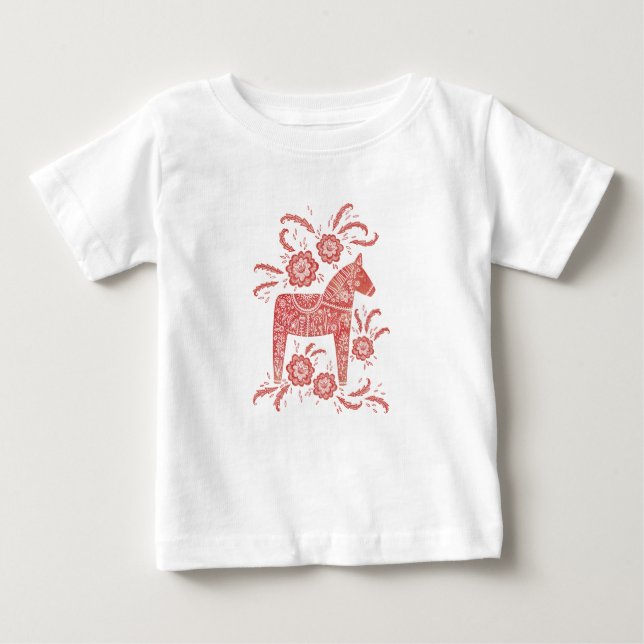 Camiseta De Bebé Caballo de dala sueco rojo y blanco (Anverso)