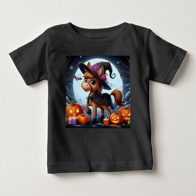 Camiseta De Bebé Caballo de Halloween/Caída, bate y calabazas (Anverso)