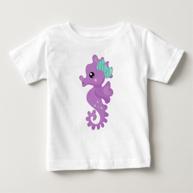 Camiseta De Bebé Caballo de mar, caballito de mar morado, estrellas (Anverso)