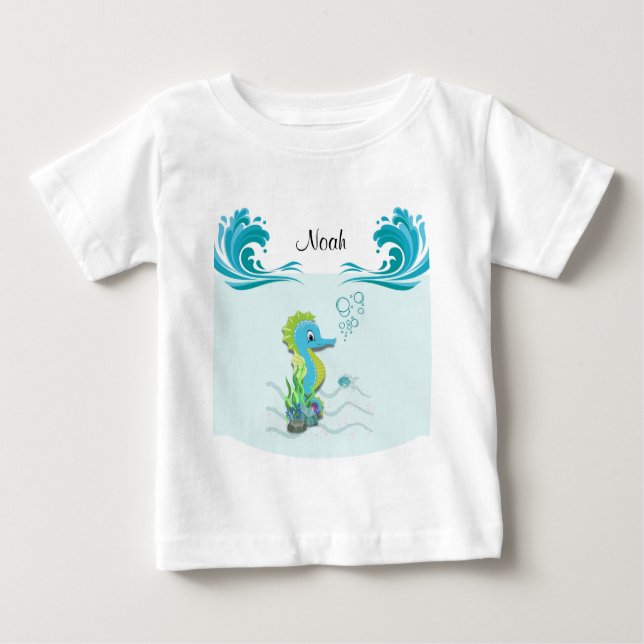 Camiseta De Bebé Caballo marino bebé | Camiseta azul personalizada  (Anverso)