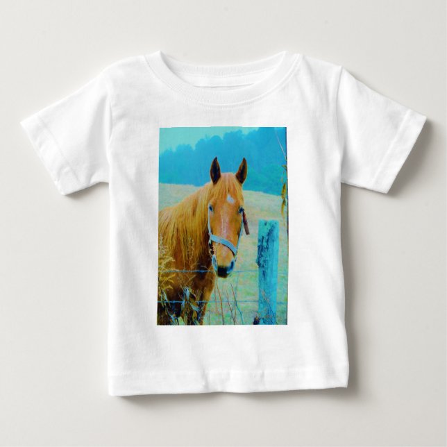Camiseta De Bebé Caballo tintado de color azul denim (Anverso)