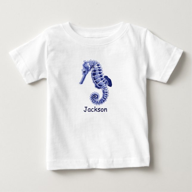 Camiseta De Bebé Caballos de mar azules y blancos (Anverso)