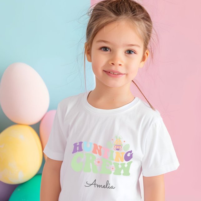 Camiseta De Bebé Cacería de huevos de pascua de la tripulación de c (Cute Colorful Pastel Hunting Crew Easter Egg Hunt Tshirt, Shirt with Name, Easter Gift)