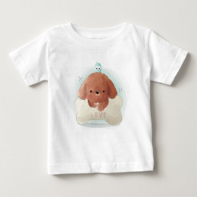 Camiseta De Bebé Cachorro con pájaro y hueso (Anverso)