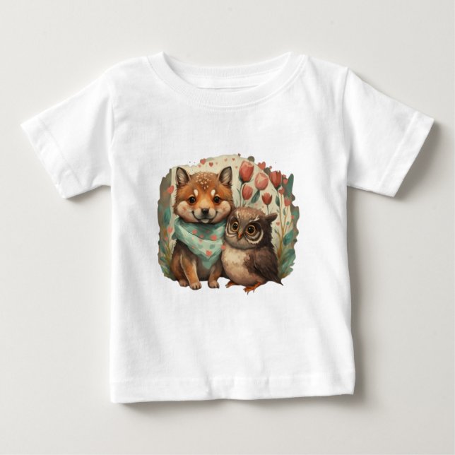 Camiseta De Bebé Cachorro de lobo adorable y búho (Anverso)