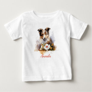Camiseta De Bebé Cachorro de Ovejero de Shetland Acuarela Flor