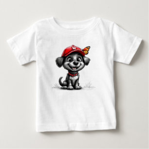 Camiseta De Bebé Cachorro Negro Kawaii con Mariposa Animalito Lindo
