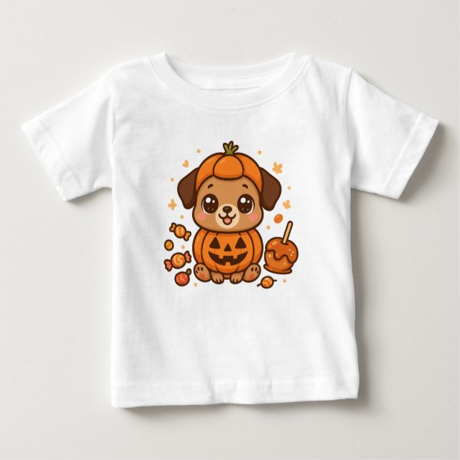 Camiseta De Bebé Cachorro suave con traje de calabaza - Halloween a (Anverso)